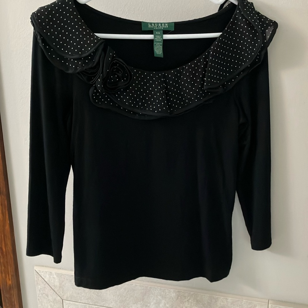 Ralph Lauren 3/4 Sleeve Black Ruffled Collar Top